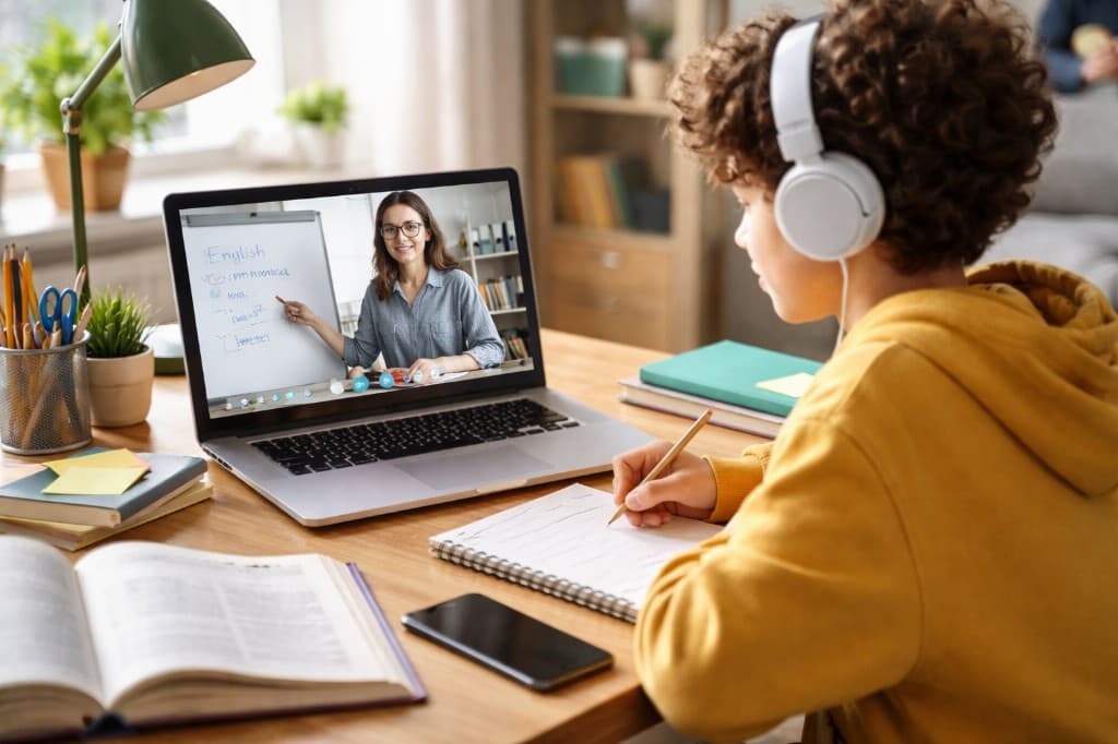 Online tutoring session between a student and a teacher